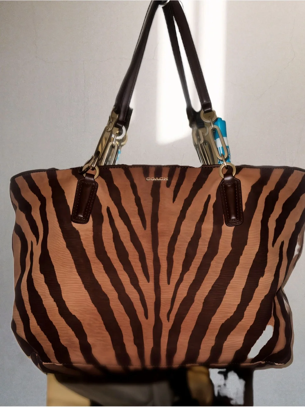 Coach Black and Tan Signature Shoulder Bag with Turn-Lock